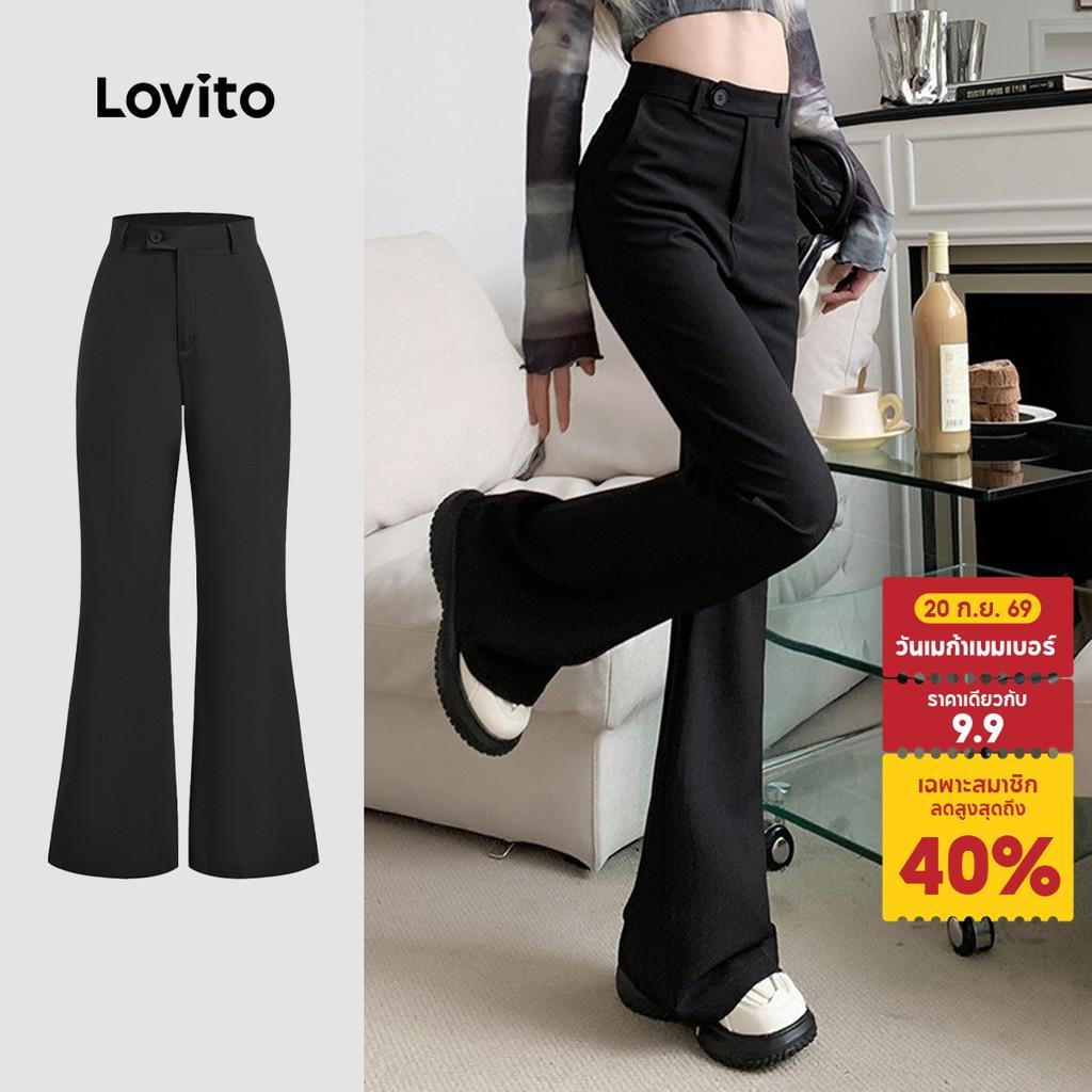 Lovito แคชชวล กางเกงลําลองผู้หญิง กระดุมฤดูใบไม้ผลิ/ฤดูร้อน สีดํา L172LD1279
