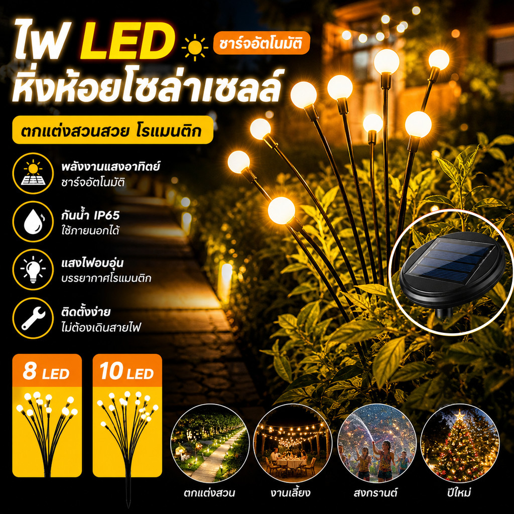 ไฟหิ่งห้อย โซล่าเซลล์ 8 10LED กันน้ำ IP65 แสงอบอุ่น ตกแต่งสวน สนามหญ้า งานเลี้ยง ปีใหม่