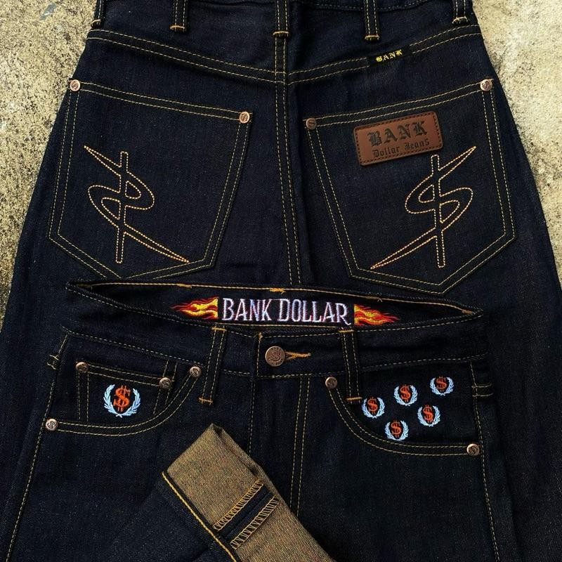 กางเกงยีนส์ BANK Dollar ผ้าสั่งทอพิเศษ ริมโพ้ง มิดไนท์15oz  ด้ายทอง ปักขอบเอว หมุดทองแดงหมุดตอกแบรนด