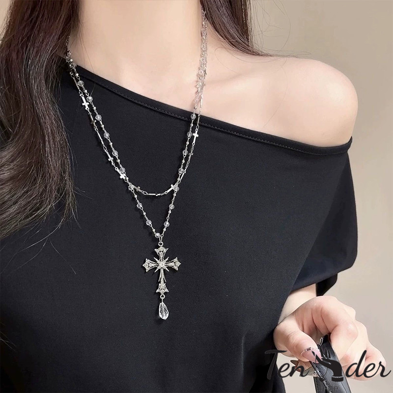 COD-ส่งเร็วจากไทย🎀สร้อยคอ จี้ไม้กางเขน ลูกปัดคริสตัล การออกแบบสองชั้น Y2K สไตล์หวานและเผ็ด สำหรับผู้หญิงกิ๊ฟ-Tender