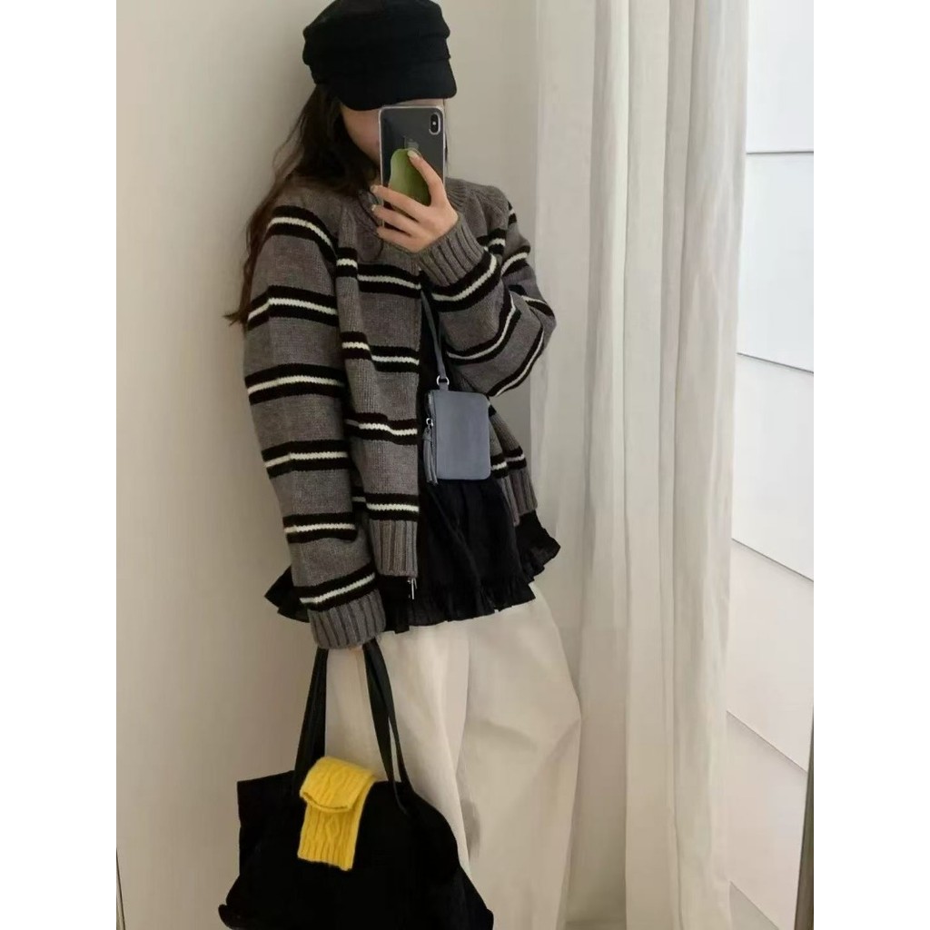 เสื้อคาร์ดิแกนถักซิปสองชั้น แขนยาวหลวม เหมาะสำหรับฤดูหนาวและใบไม้ร่วง - รูปที่ 3