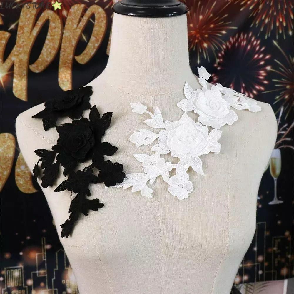 LuckyStore ผ้า Applique ผ้าลูกไม้ DIY สำหรับตกแต่งเสื้อผ้าดอกกุหลาบ สีดำและขาว