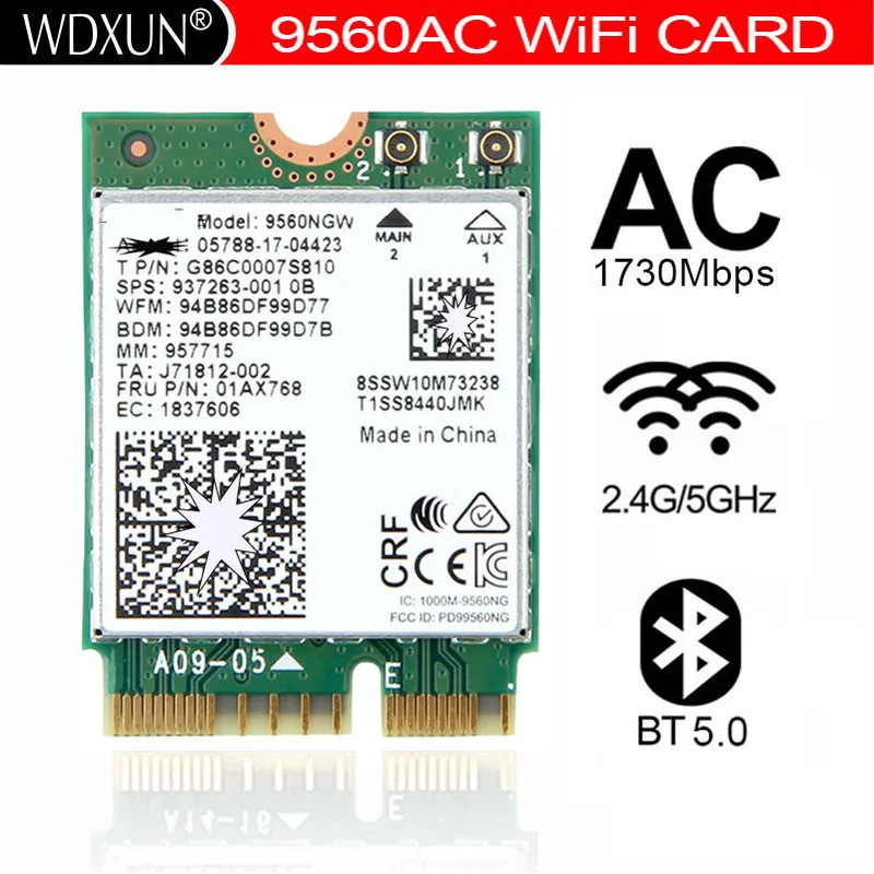 WDXUN ใหม่ Dual-Band Wireless AC 9560ac ac9560 9560ngw 802.11ac 2.4G / 5G 2x2 Wi-Fi Card Bluetooth 5