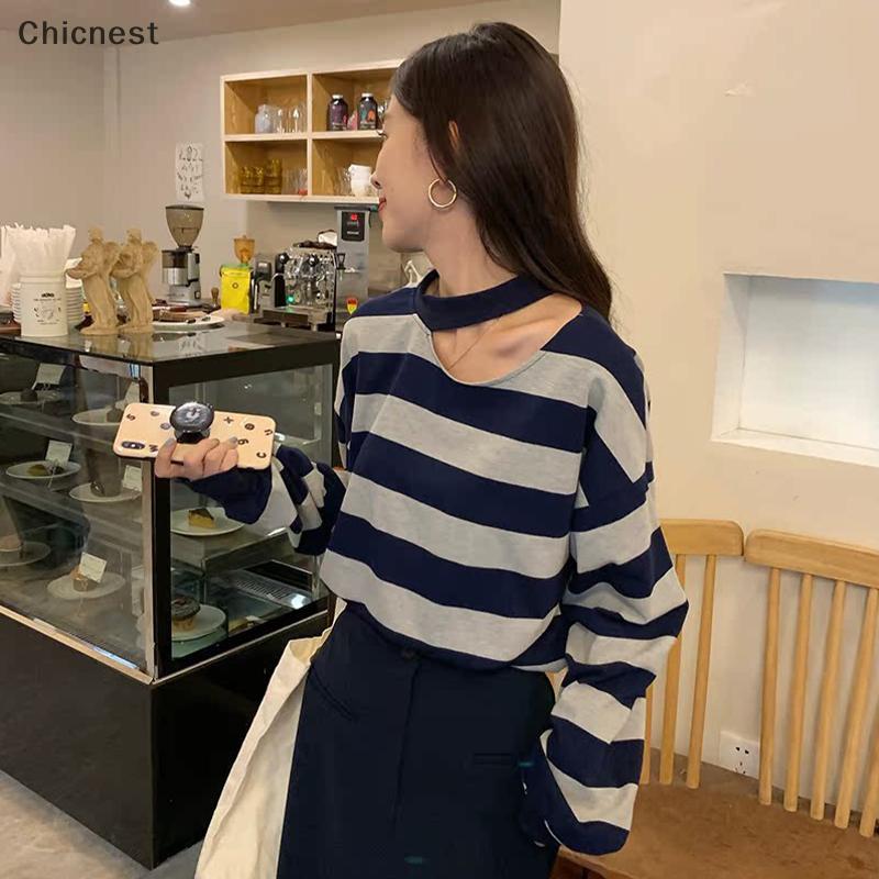 [Chc] เสื้อยืดแขนยาวลายทางคอเชือกแขวนคอกลวงของผู้หญิงต้นฤดูใบไม้ร่วง 2025 ใหม่ Niche Chic Top [VN]