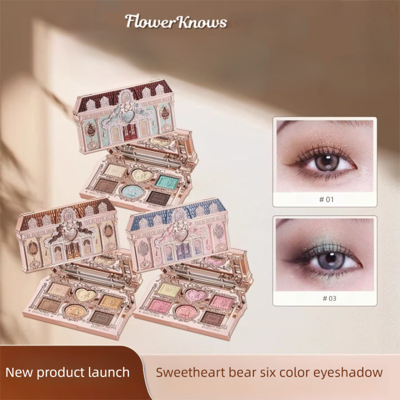 FLOWER KNOWS พาเลทอายแชโดว์ Sweetheart Bear ซีรีส์ สีตาสีหก สีด้านและมุก ผงธรรมชาติ ละเอียด