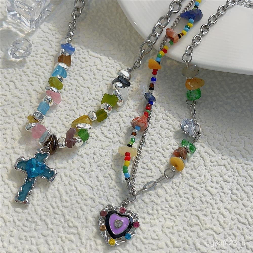 Sweet Cool Beaded Clavicle Chain การออกแบบสีหรูหรา Cross ins สร้อยคอ Dopamine สร้อยคอ Love Heart Nic