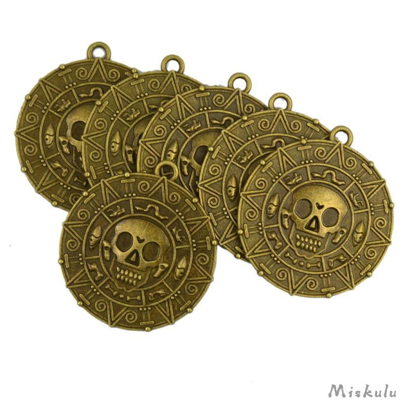 [Miskulu] 6pCS Punk Rock โจรสลัดฮาโลวีนเหรียญเหรียญ Skull สร้อยคอจี้ Bronze
