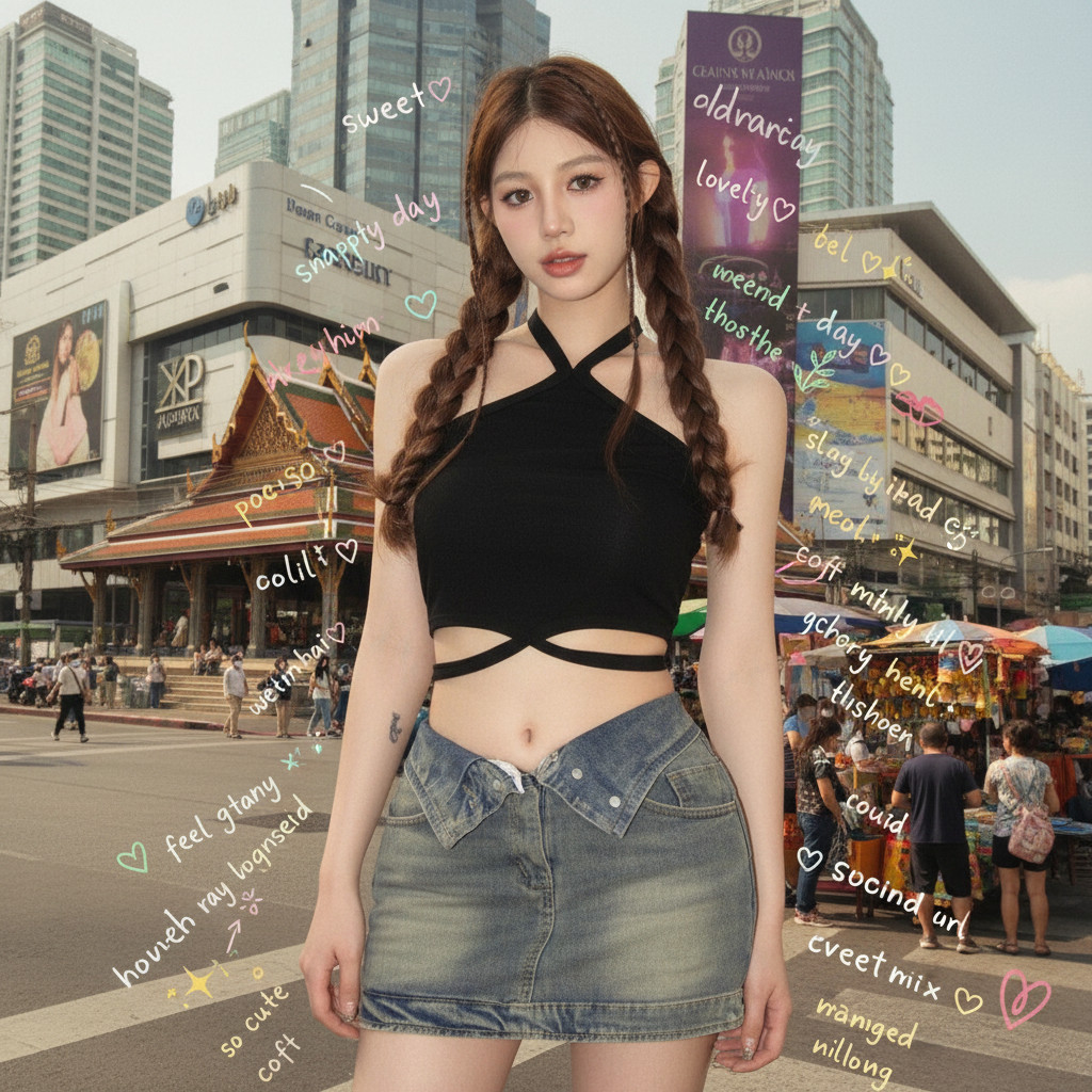 ꕥCatalog Fashionꕥ เสื้อครอปสายเดี่ยวคล้องคอ ชายเสื้อแต่งสายยาวพันเอว เก๋มาก 3 สี