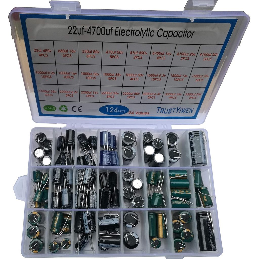 124pcs Electrolytic Capacitor Assortment Box Kit - 22uF-4700uF (6.3V-450V) - ตัวเก็บประจุอลูมิเนียม/