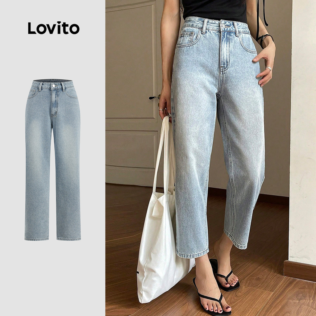 Lovito กางเกงยีนส์แคชชวล ผ่าข้าง ล้างฟอก สีฟ้า ใส่เล่นได้ทุกฤดู L154ED309
