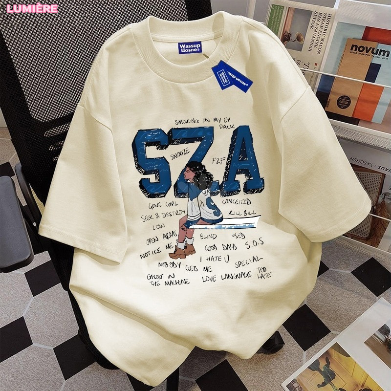 KATUN เสื้อยืดสไตล์อเมริกันเรโทร Oversize SZA เสื้อยืดพิมพ์ลาย| เสื้อยืดผู้หญิงแอปริคอท | เสื้อยืดชา