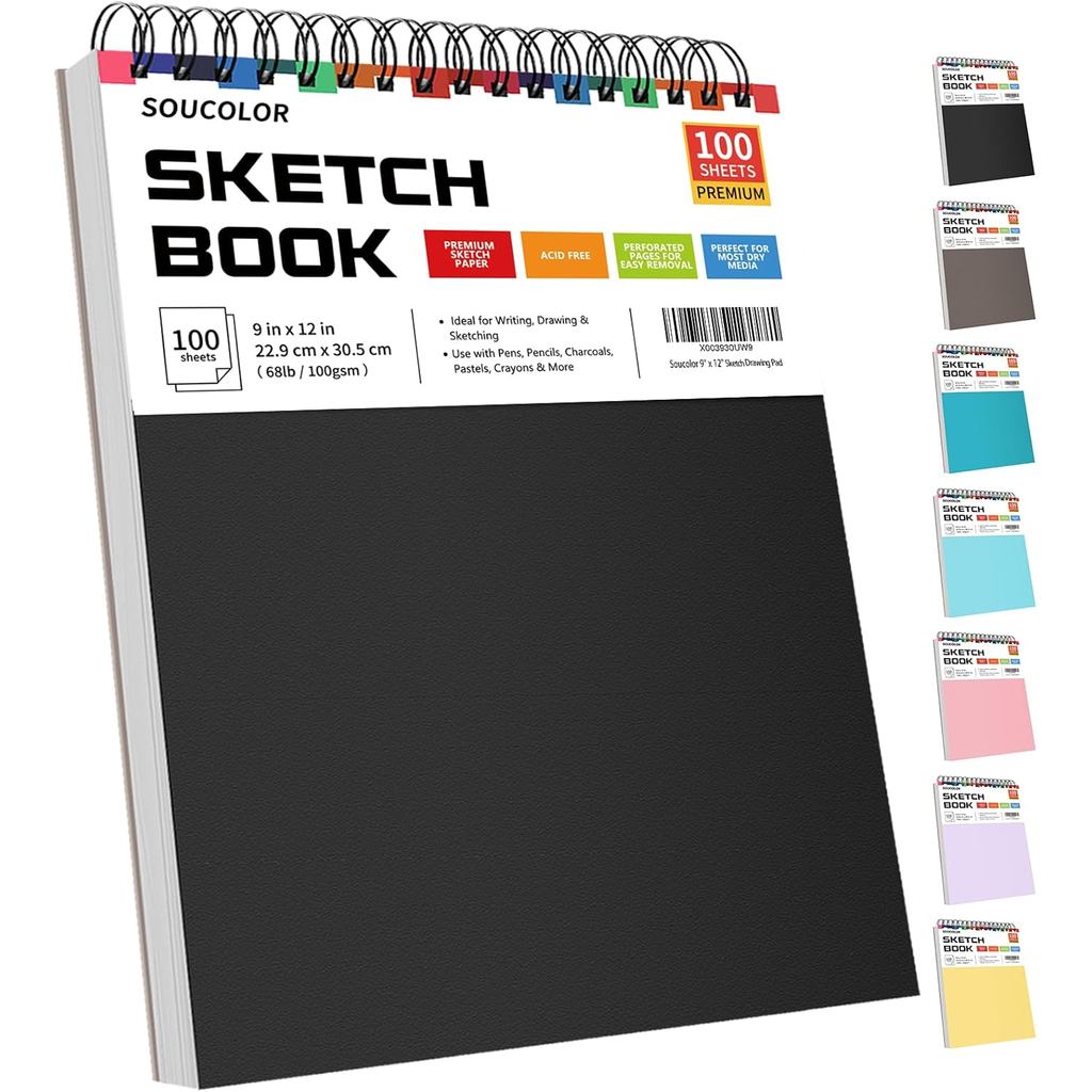 Soucolor 9" x 12" Sketch Book, 1-Pack 100 Sheets Spiral Bound Art Sketchbook, (68lb/100gsm) Acid Fre