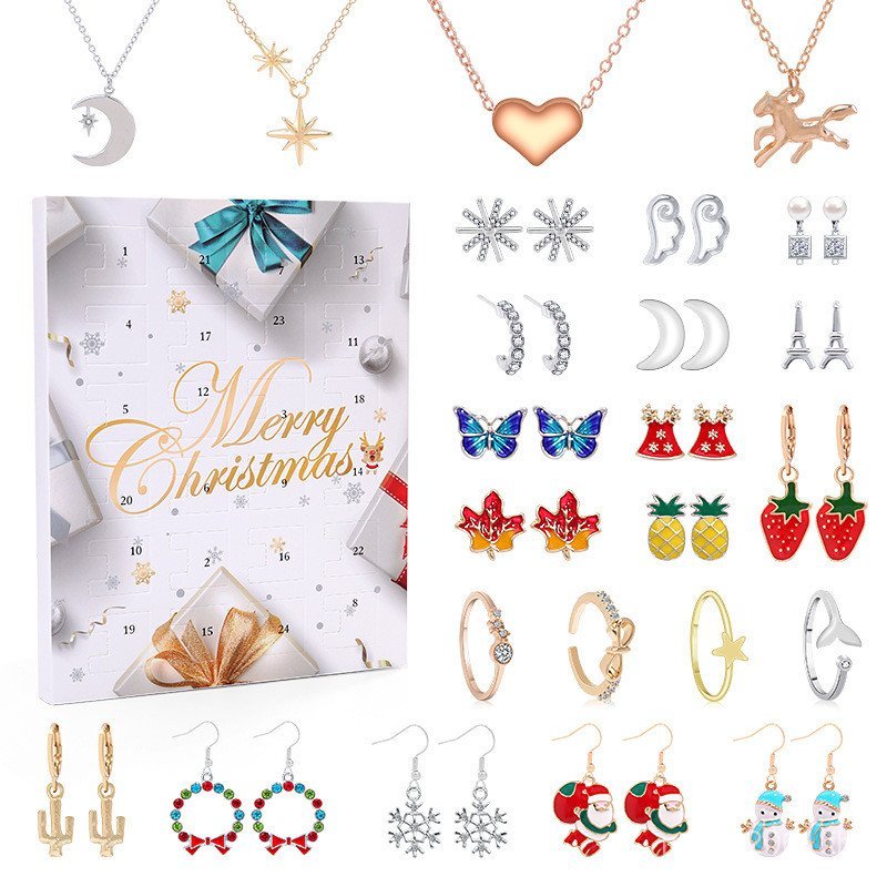 สุภาพสตรีแฟชั่น24วันชุดวันหยุดข้ามพรมแดนคริสต์มาสลึกลับชุดกล่องสร้อยคอต่างหูแปลกใจปฏิทินนับถอยหลัง 3