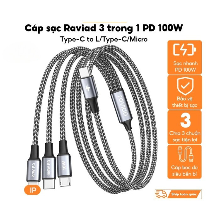 RAVIAD PD 100W multi-function 3le สายชาร์จเร็วถึง 3 พอร์ต C + L + Micro | ทนทาน ลวดถักไนลอนกันพันกัน