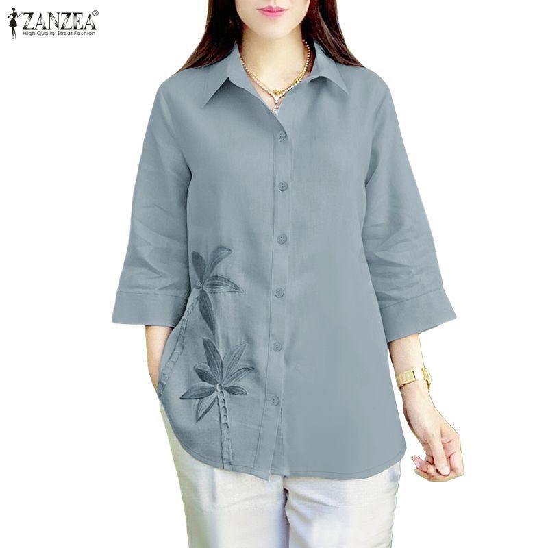 ZANZEA ซานเซีย สเวตเตอร์สำหรับผู้หญิง ปักปกหน้าอก แขน 3/4 สไตล์ลำลอง