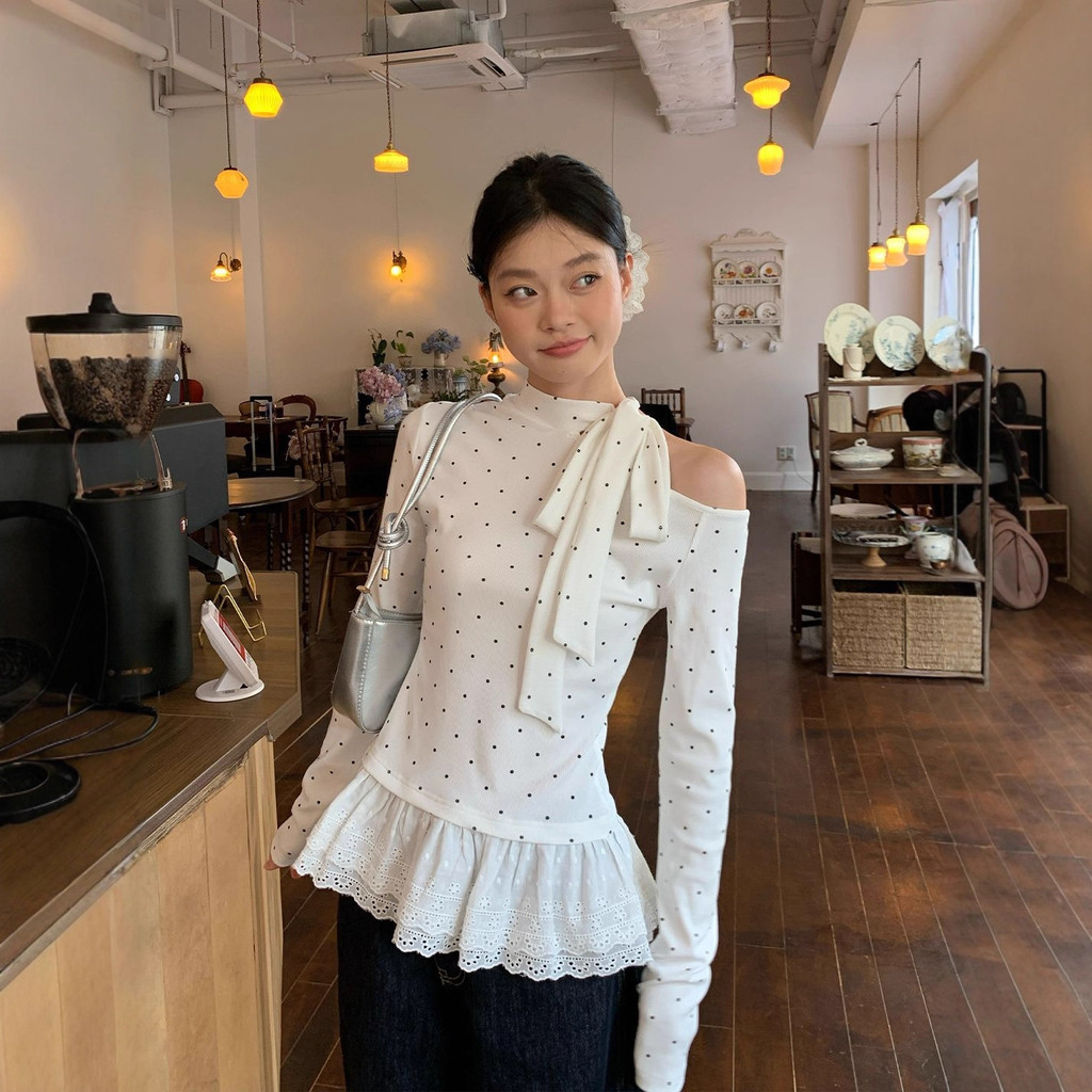 [210Gram40Pure Cotton]White Polka Dot Bow Tie Lace Trim Slim Fit Versatile Top