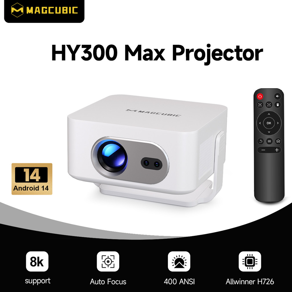 Magcubic Auto Focus Android 14 4K โปรเจคเตอร์ 400ANSI 8K พื้นเมือง 720P HY300 Max พร้อม Wifi6 BT5.4 