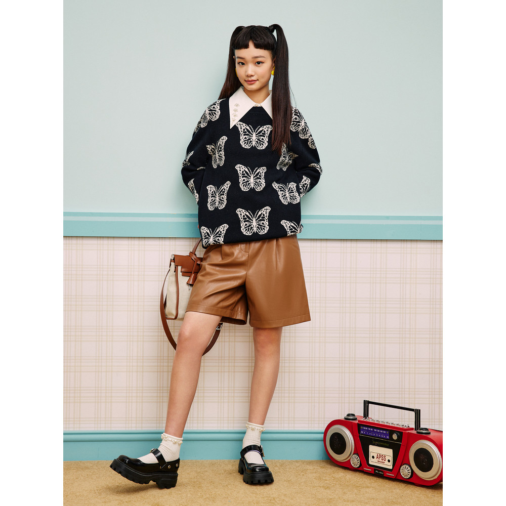 Psalm Keyan เสื้อผ้าผู้หญิง 2022 ฤดูหนาวสไตล์ใหม่หลวมรอบคอขนสัตว์อายุลดผีเสื้อ Jacquard เสื้อกันหนาว