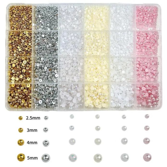 Nail Art สติ๊กเกอร์ติดเล็บอุปกรณ์ทําเล็บ DIY Pearl ความสว่างสูง Mini ขนาดผสม 24 ตารางครึ่งรอบ Beige สีชมพูสีขาวทองเงิน Nibirudu