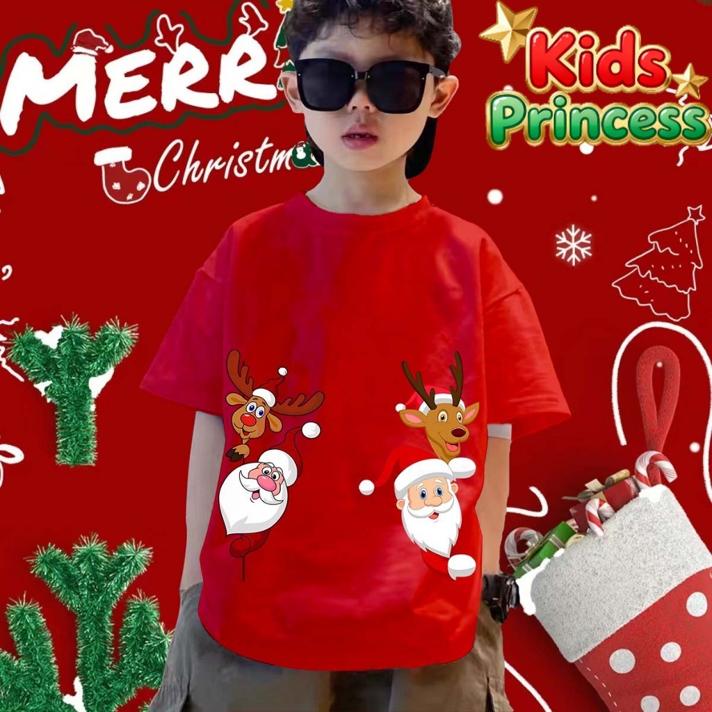 (จัดส่งตลอด 24 ชั่วโมง) สินค้าใหม่ เทศกาลคริสต์มาส เสื้อทีมงานปาร์ตี้ เสื้อสีแดง 2026 kids คอกลม Christmas t-shirt M86
