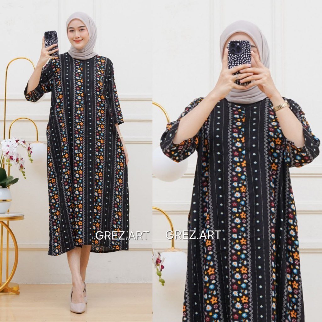 COMFORTABLE - Midnight Bloom Motif Daster 3/4 Sleeve Rayon Premium สําหรับหญิงตั้งครรภ์และแม่ให้นมบุ