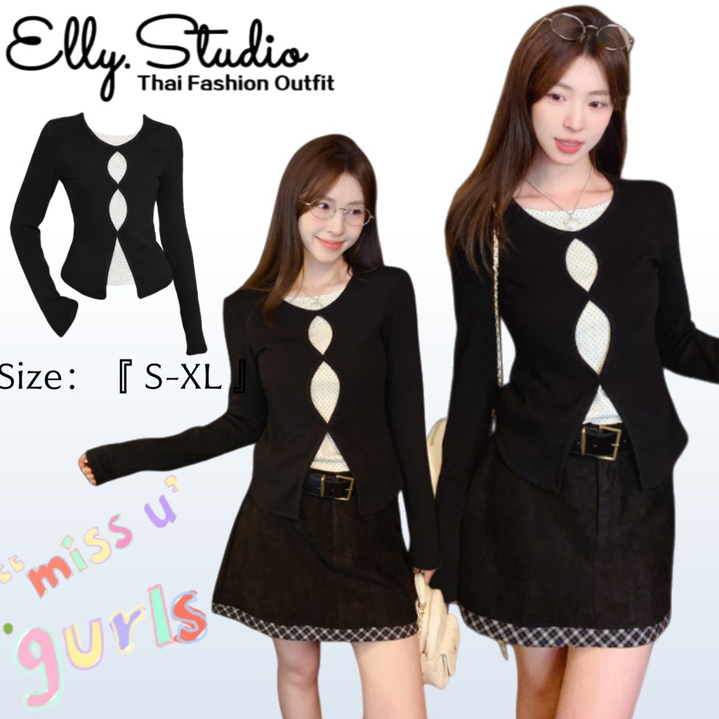 Elly พร้อมส่ง🦄เสื้อเชิ้ตแขนยาว🦄สองชิ้นติดกัน ลายโพกาดอ สีดำ แฟชั่นผู้หญิง สไตล์เกาหลี แต่งตัวง่าย เรียบง่าย ทรงรัดรูป