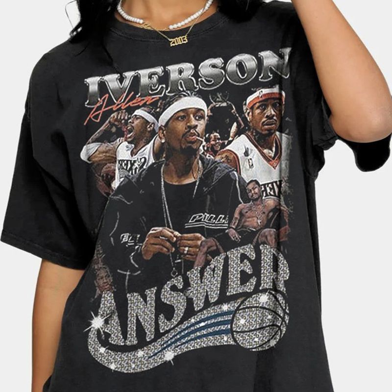 Allen Iverson vintage Allen Iverson เสื้อยืด American Retro บาสเกตบอลพิมพ์ตัวอักษรผ้าฝ้ายแท้แขนสั้น