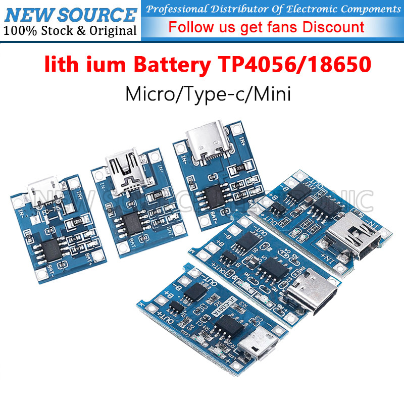 [1-5 ชิ้น] TP4056 18650 แบตเตอรี่ลิเธียมชาร์จบอร์ด Micro/Type-c/Mini พร้อมโมดูลป้องกัน 1A แหล่งใหม่