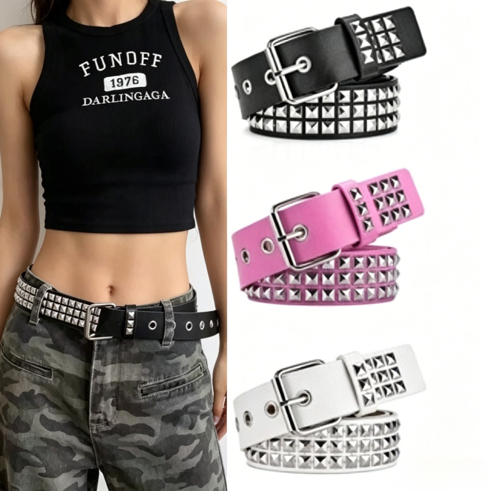 เข็มขัด.Multi-row Square Rivet ขอบกว้าง สไตล์ Y2K Rock Punk สำหรับกางเกงยีนส์