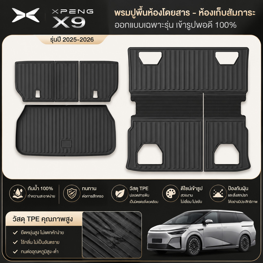 เหมาะสําหรับ 2025 2026 XPENG X9 พรมปูพื้นห้องโดยสารด้านหลัง, พรมปูพื้นเก็บของ, พรมปูพื้นลําต้นดัดแปล