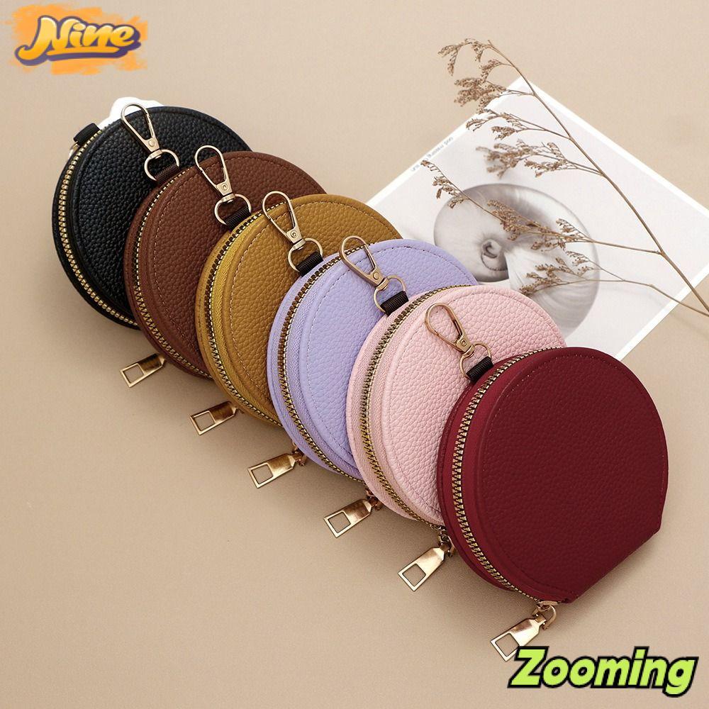 ZOOMING กระเป๋าใส่เหรียญ,กระเป๋าสตางค์ทรงกลมหนัง PU สีทึบ,มีซิปแฟชั่นพร้อมกระเป๋าใส่บัตรสายโซ่ผู้หญิงเด็กผู้หญิง