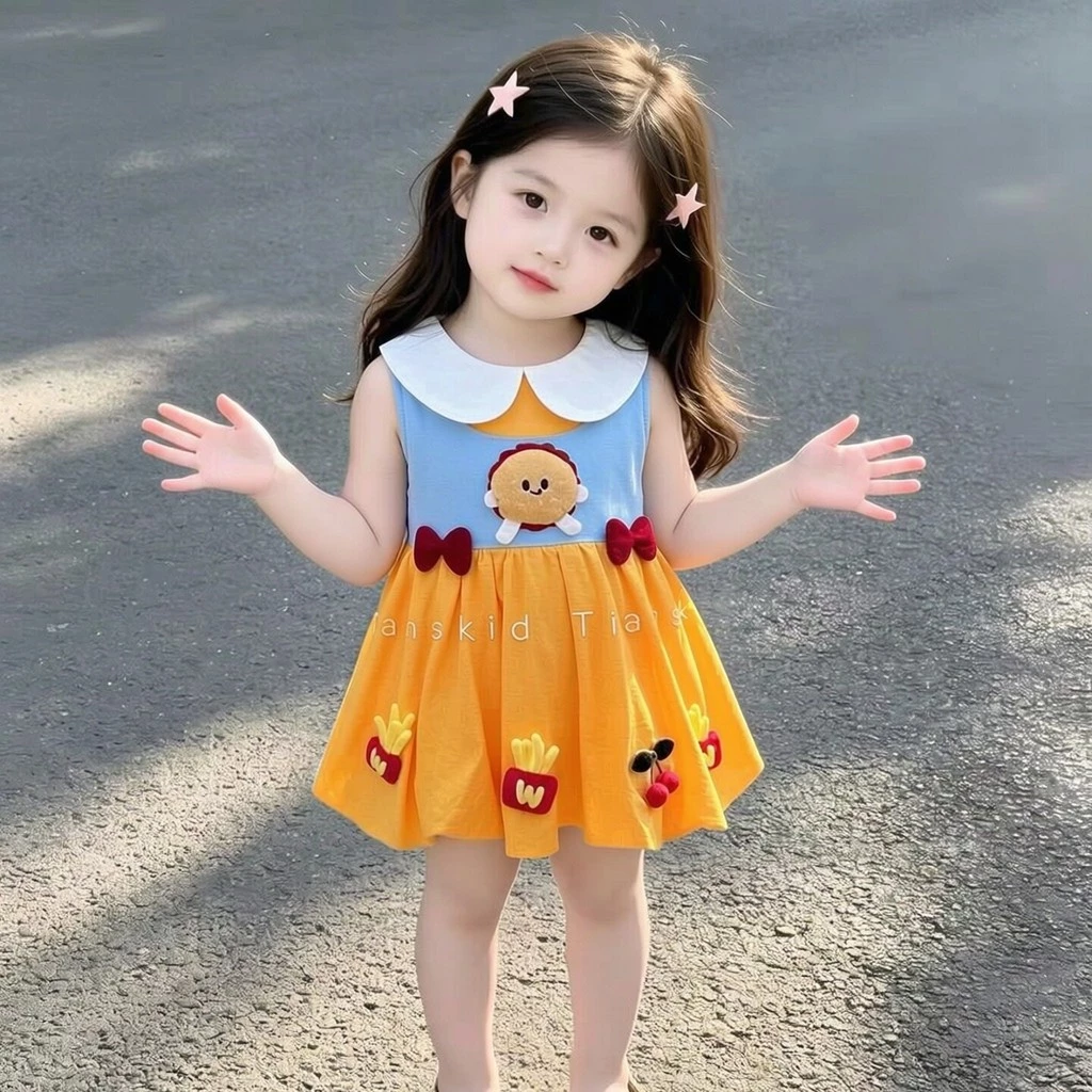 สาวแต่งตัวฤดูร้อนสไตล์ใหม่เด็กน่ารักเบอร์เกอร์เสื้อกั๊กชุดเวอร์ชั่นเกาหลีเด็กคอตุ๊กตาดอกไม้หน่อชุดเจ้าหญิง