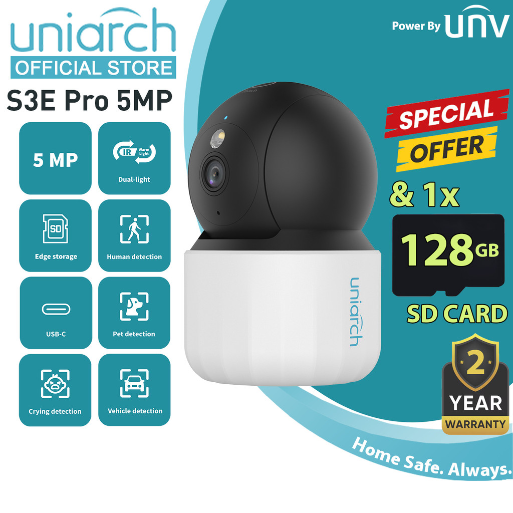 Uniarch S3E Pro 5MP H.265 IR Night Vision Two Way Talk Home Security กล้องวงจรปิดในร่มโดย UNV + 128G