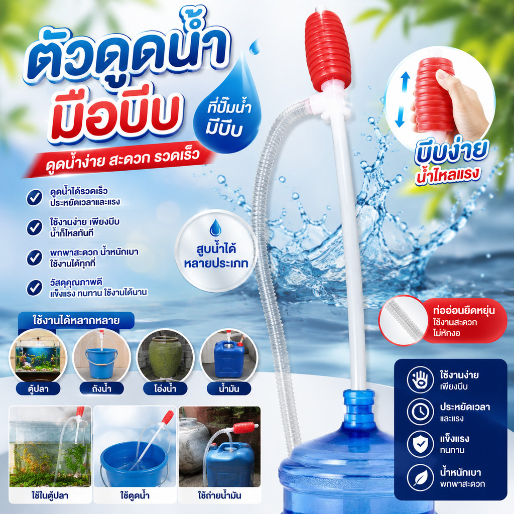 ตัวดูดน้ำ ที่ปั๊มน้ำมีบีบ ที่ดูดน้ำมือบีบ (BE031)​(1ชิ้น)