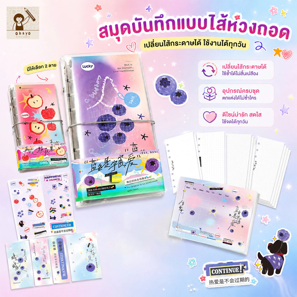 สมุดa6 ปกสีใส พร้อมสติ๊กเกอร์และอุปกรณ์ครบชุด Planner Journal DIY Handbook รวมกระดาษกริด/จุด/เส้น/เปล่า