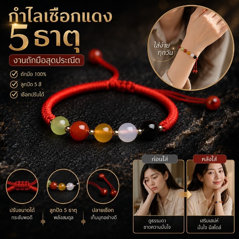 เสริมดวงมงคล สร้อยข้อมือหยกเชือกแดง พลังธาตุทั้งห้า นำโชคปกป้อง ถักมือ ใส่ช่วงปีเกิด ปีชง วันเกิด เริ่มงานใหม่ ใส่ขอพร ผู้หญิงผู้ชายใส่ได้