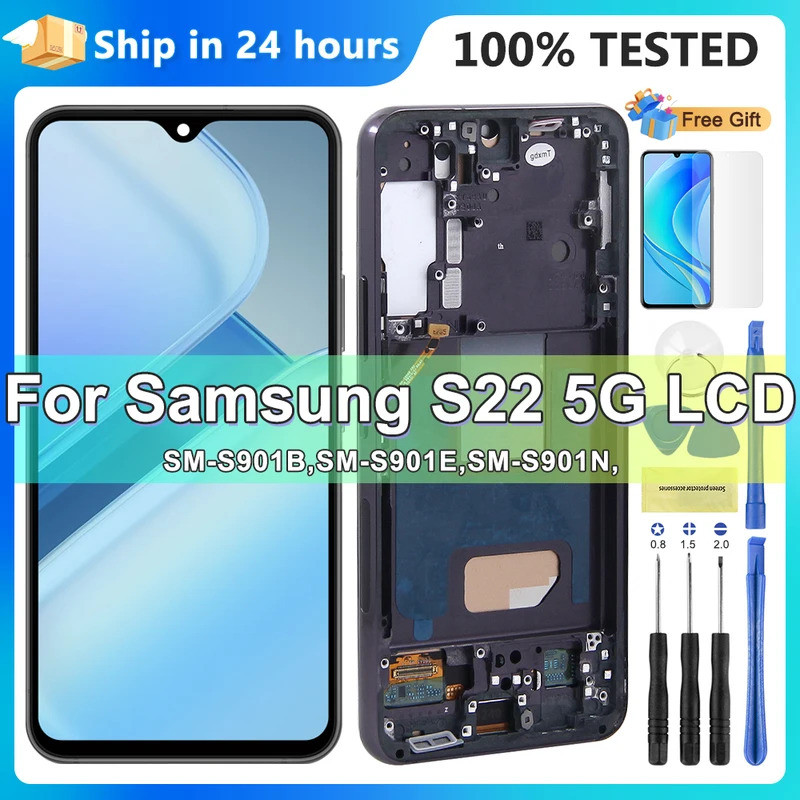 SAMSUNG TFT S22 5GสําหรับSamsung Galaxy S22 5G S901B S901B/DSจอแสดงผลLcdหน้าจอสัมผัสดิจิตอลพร้อมกรอบ