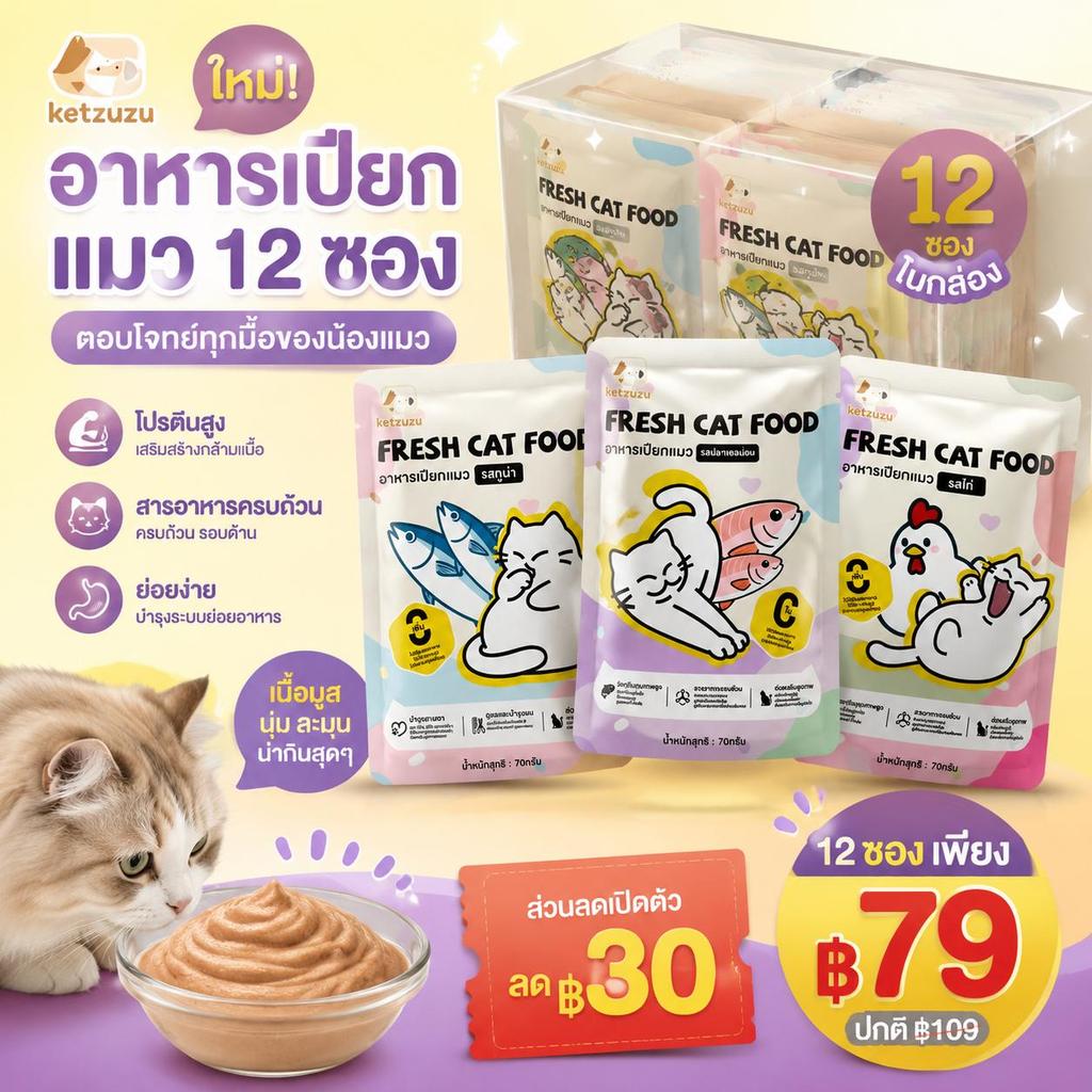 【Ketzuzu】 อาหารเปียกแมว [12ซอง] 70g โปรตีนเนื้อแท้ ย่อยง่ายแมวกินดี อาหารเปียกแมว ขนมแมว ขนมแมวเลีย รสไก่ ทูน่า แซลมอน