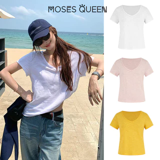 MOSESQUEEN เสื้อยืดระบายอากาศคอวีรีดขอบขี้เกียจและสะดวกสบายสําหรับผู้หญิง - เสื้อเชิ้ตแขนสั้นสีบริสุทธิ์กระชับสัดส่วน #63901