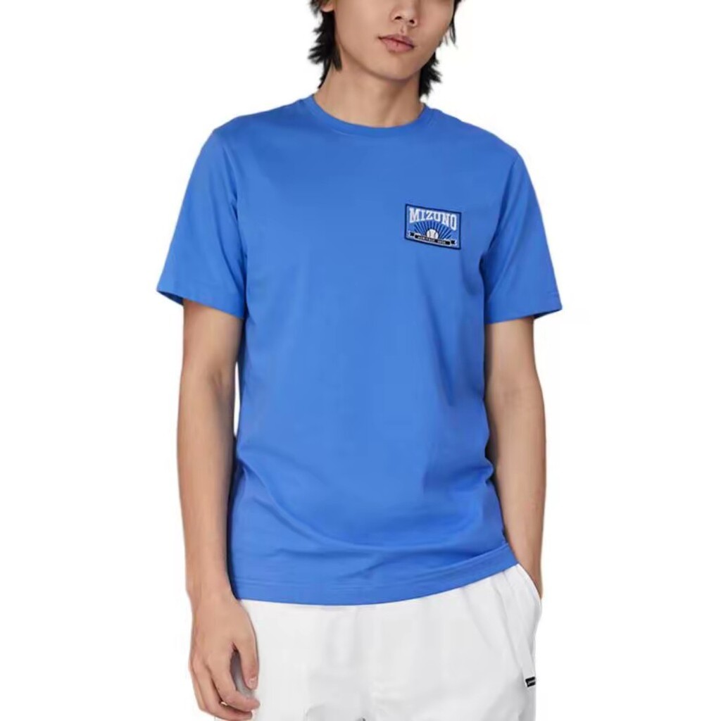 Mizuno ผู้ชายเบสบอลกีฬาการฝึกอบรมแขนสั้นผ้าฝ้าย 100% หลวมลูกเรือคอ Street เสื้อยืดเรียบง่าย D2CA21H6