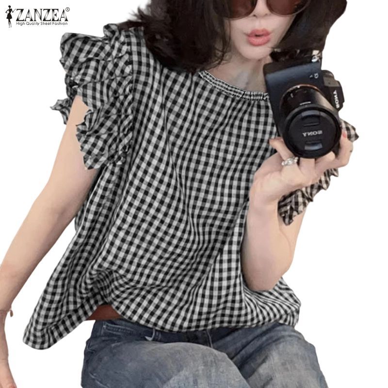 ZANZEA ใส่ ซานเซีย ผู้หญิงเกาหลีฤดูร้อนหวานลูกเรือคอนัวเนียแขนหลวมลายสก๊อตเสื้อลําลอง