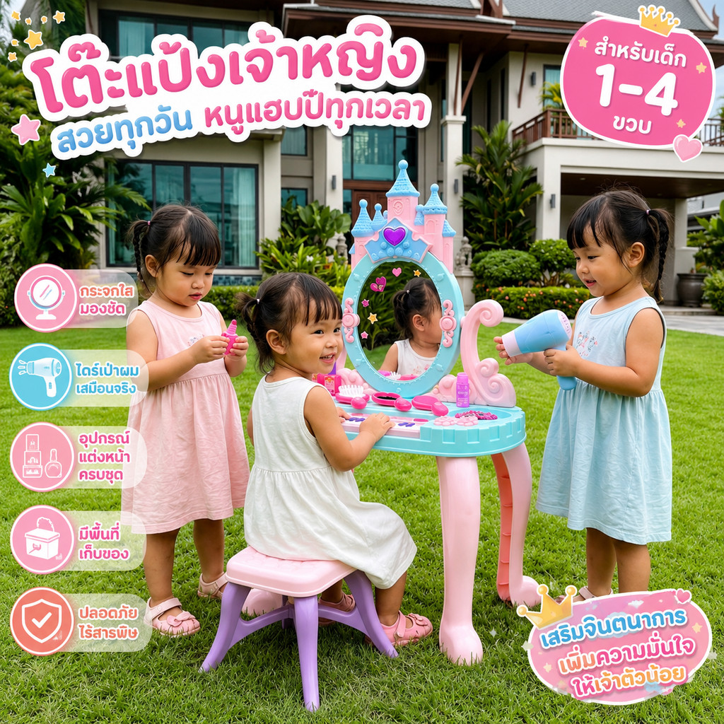 ต๊ะเครื่องแป้งเจ้าหญิง ดีไซน์หวาน เล่นเพลินด้วยไฟและเสียง โต๊ะเครื่องแป้งเด็กหญิง ของเล่นในฝัน พร้อมเอฟเฟกต์ไฟเสียง