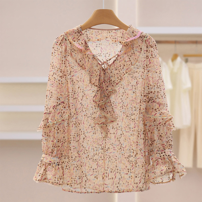 เคาน์เตอร์ 639 [Suo] Western สไตล์ Ruffled V คอ Laced-Up เสื้อชีฟองหอมหญ้า Fifi 26 ฤดูใบไม้ผลิเสื้อผ