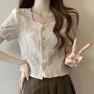 beige เสื้อเชิ้ต ผู้หญิง คอกลม แขนพัฟ สไตล์เกาหลี ลุคคุณหนู แฟชั่น ฤดูร้อน เสื้อครอป สลิม ใส่แล้วดูผอม