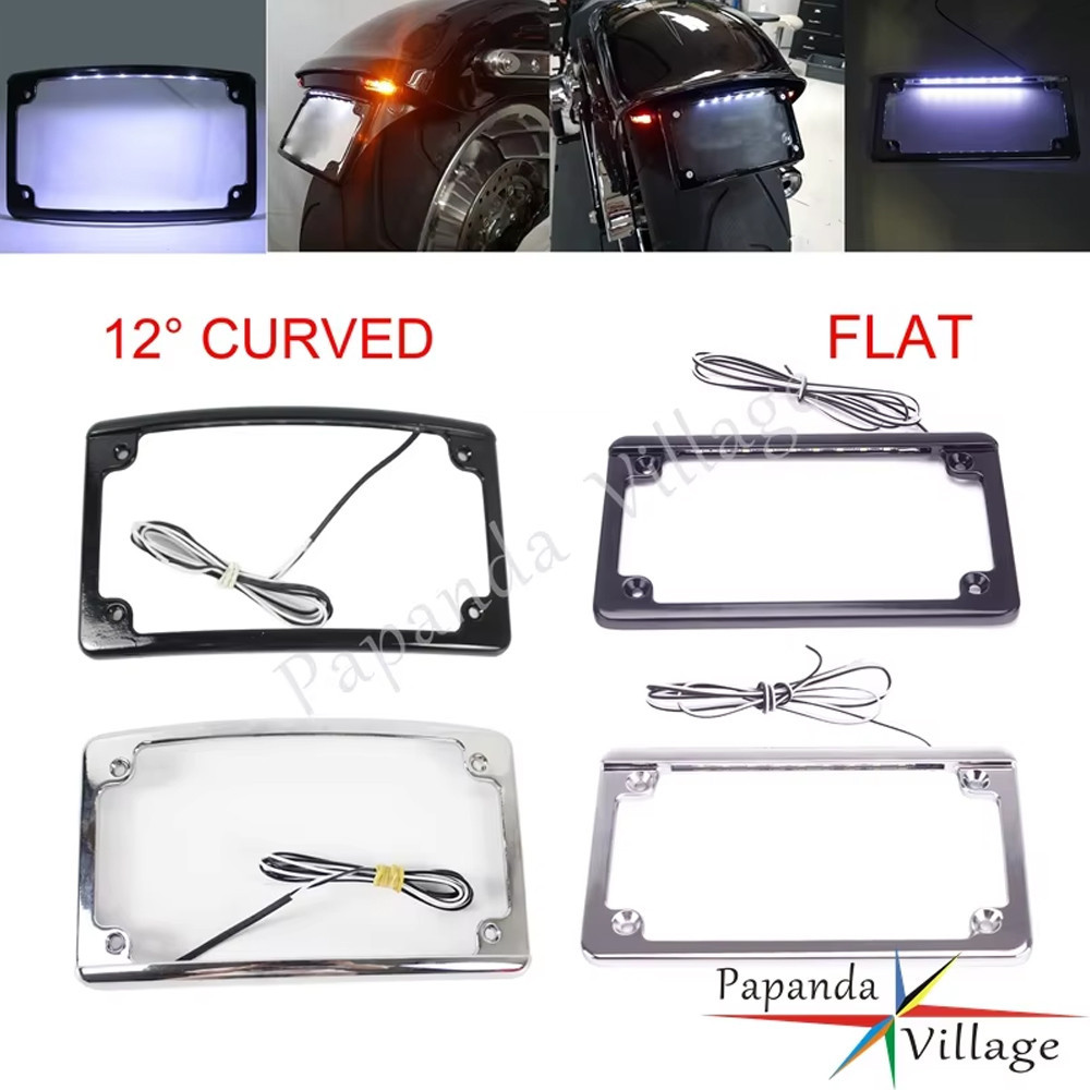 PA12° Curved / Flat 7-3/16" x 4-1/4" License Plate Frame LED Light Registration Frame for Harley Tou