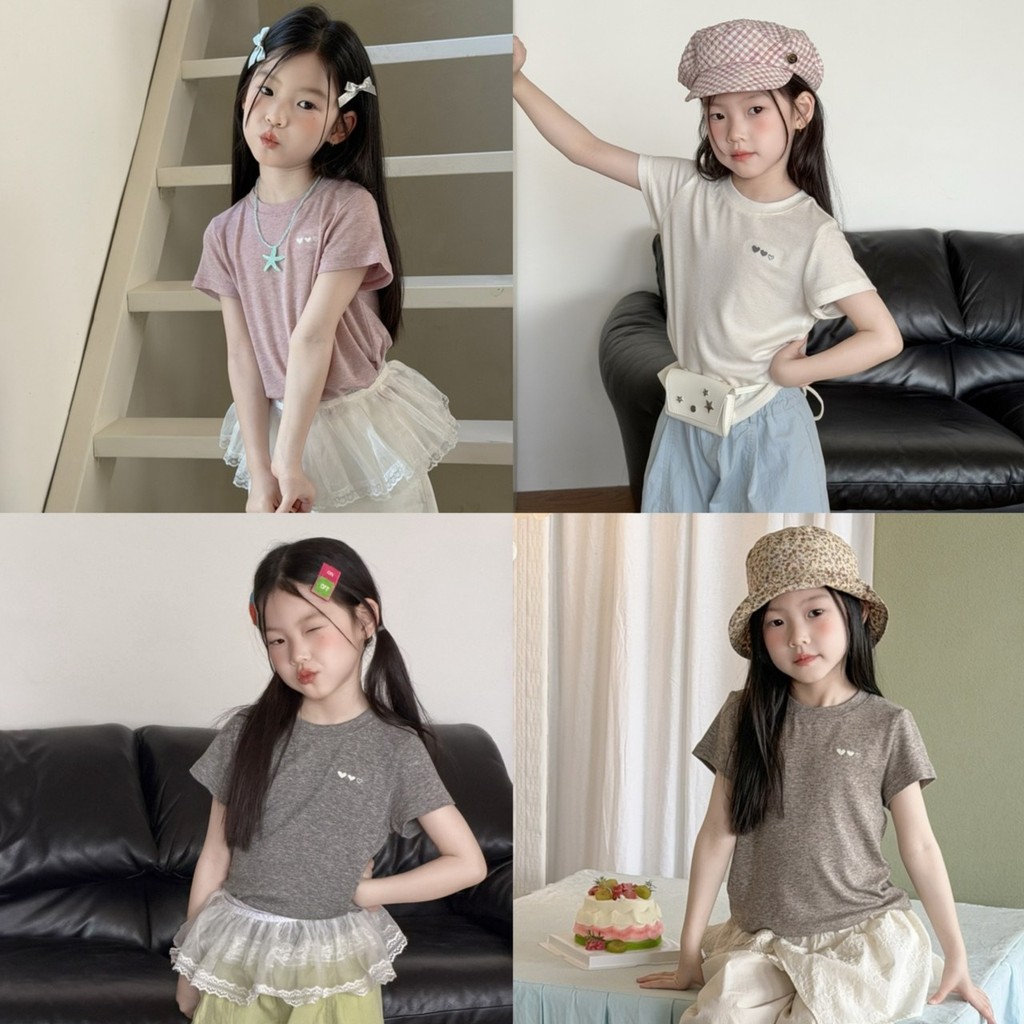 PRETTY BABY เสื้อเด็ก เสื้อยืดคอกลม แขนสั้น ปักหัวใจ สีพื้น(2316)