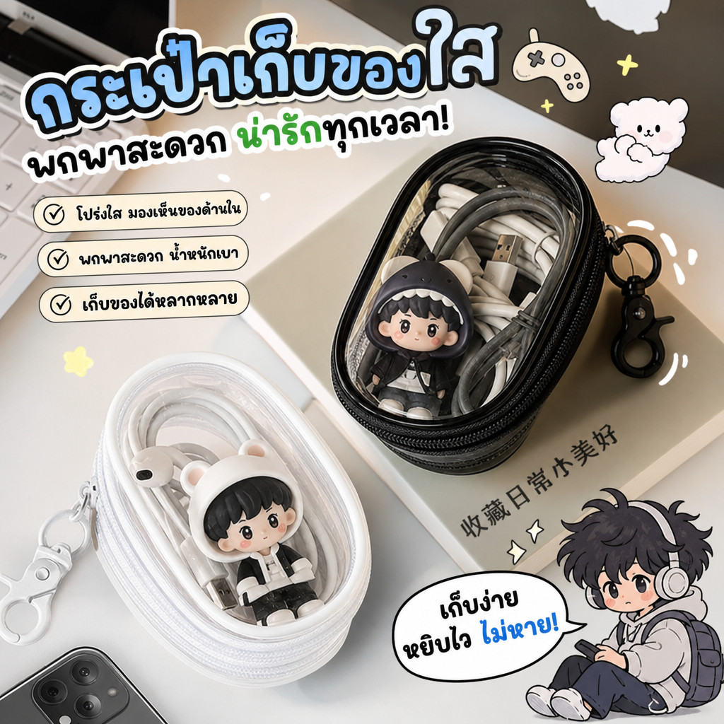FM กระเป๋าจัดเก็บสายเคเบิล กระเป๋าจัดเก็บหูฟัง แบบใส ขนาดกะทัดรัด พกพาสะดวก