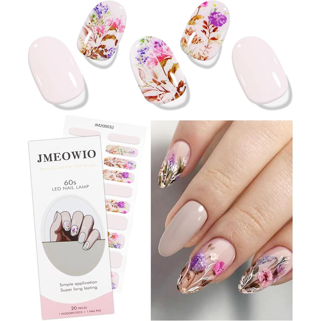 JMEOWIO เจลเล็บสติกเกอร์ดอกไม้ Semi Cured เจลเล็บแถบ Wraps UV/LED เล็บ Art Design อุปกรณ์ตกแต่ง
