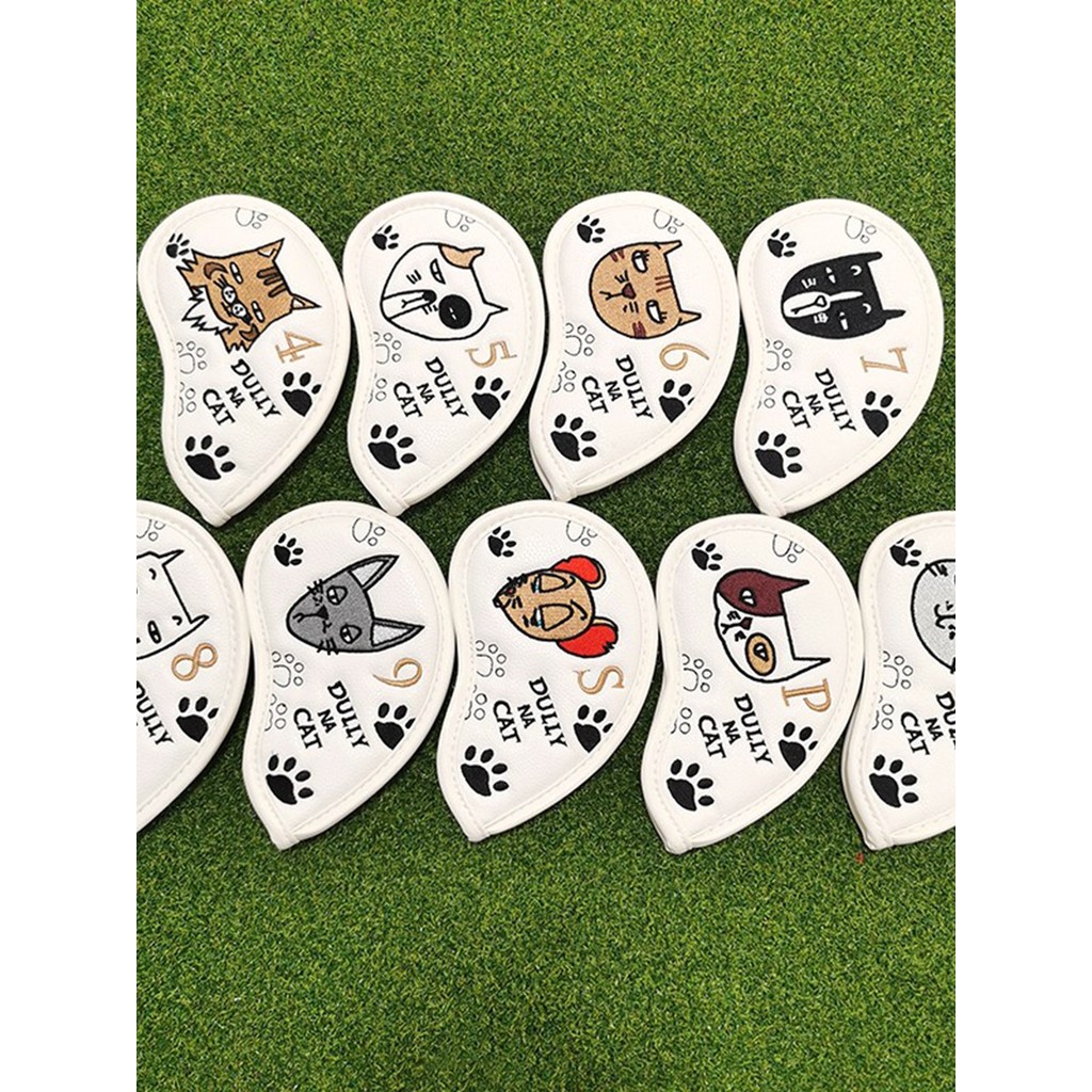 Golf Club Iron Club Cover การ์ตูน Cat Ball Head Cap Cover Club Protection Head Cover 4-9 SPA 9 ชิ้น