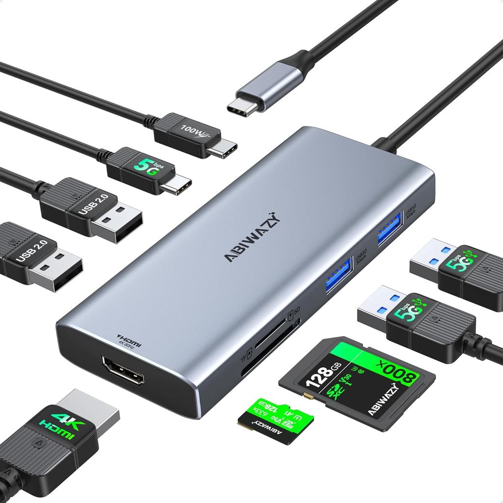 ABIWAZY USB C Hub Multoport Adapter, อะแดปเตอร์ Mac 9 in 1 สําหรับ MacBook Pro/Air | USB-C to HDMI 4